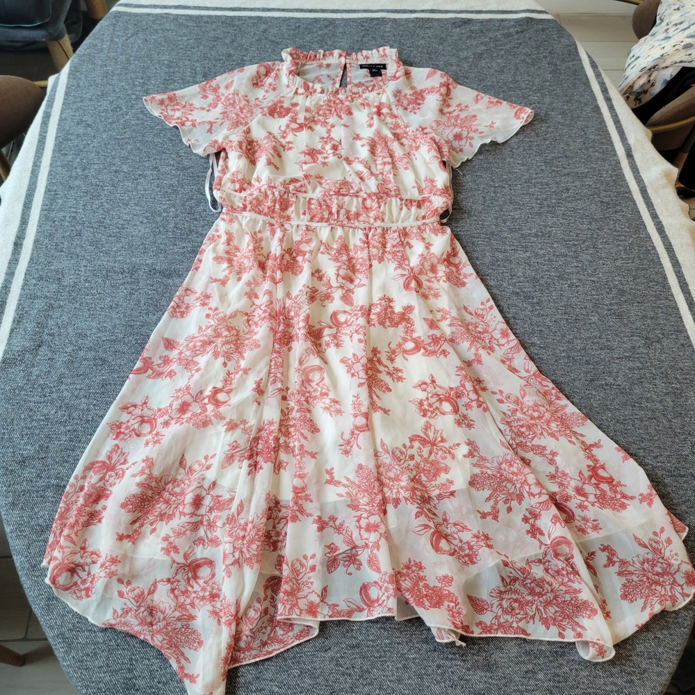Stella & Julie Women Red Floral Toile Handkerchief Hem Midi Dress Size 14
